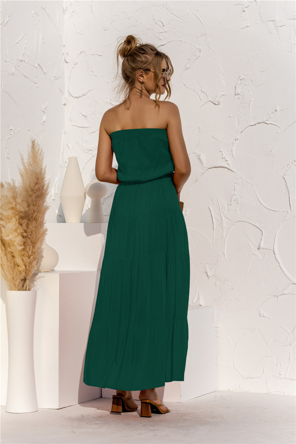 Strapless Tie Waist Tiered Maxi Dress