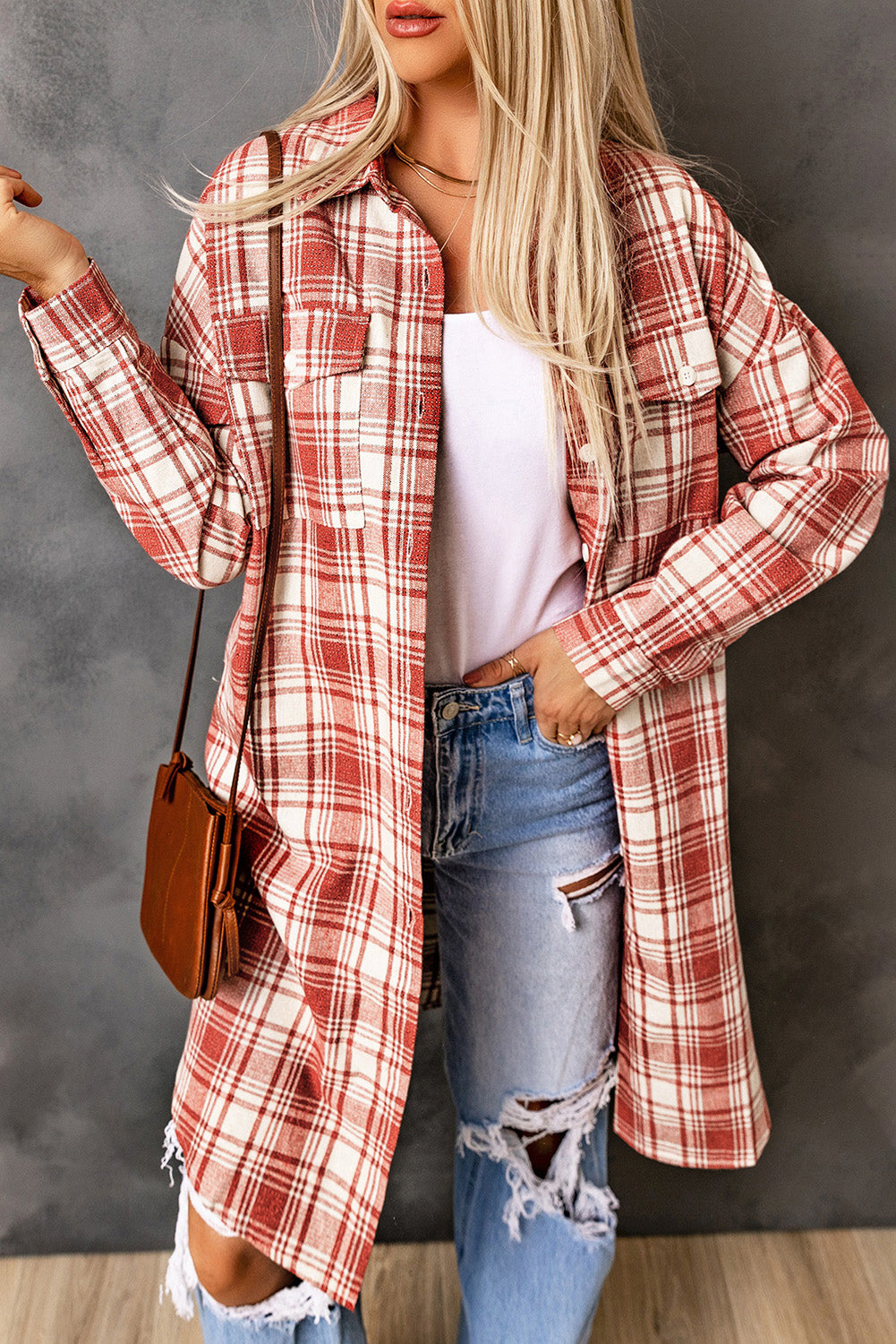 Plaid Button-Up Longline Shacket with Breast Pockets