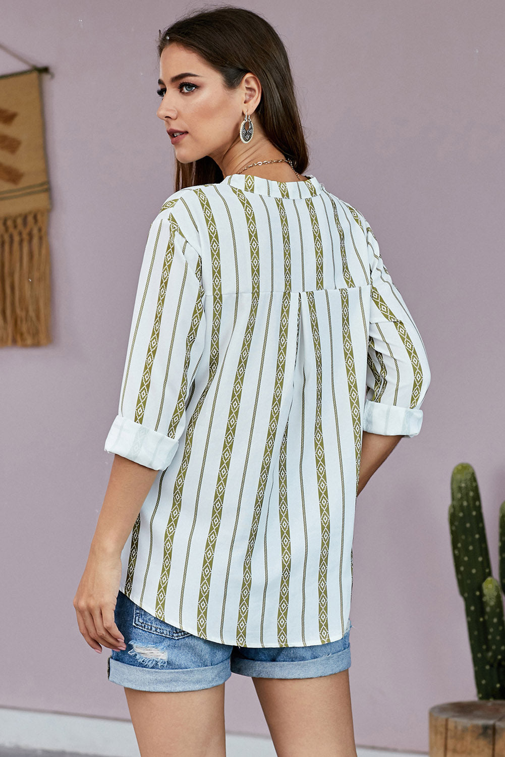 Striped Half-Button Crewneck Top
