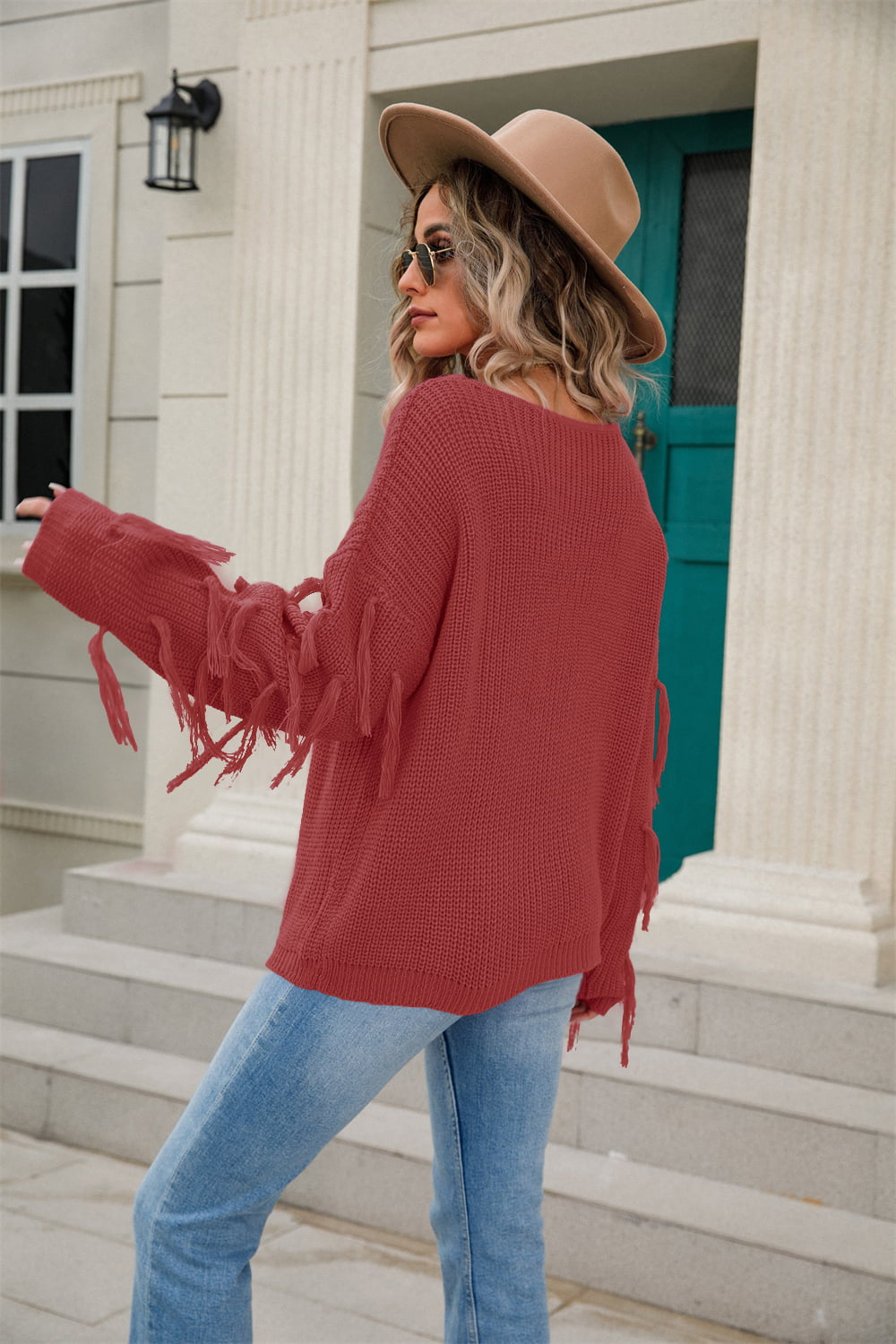 Ribbed Round Neck Fringe Detail Sweater