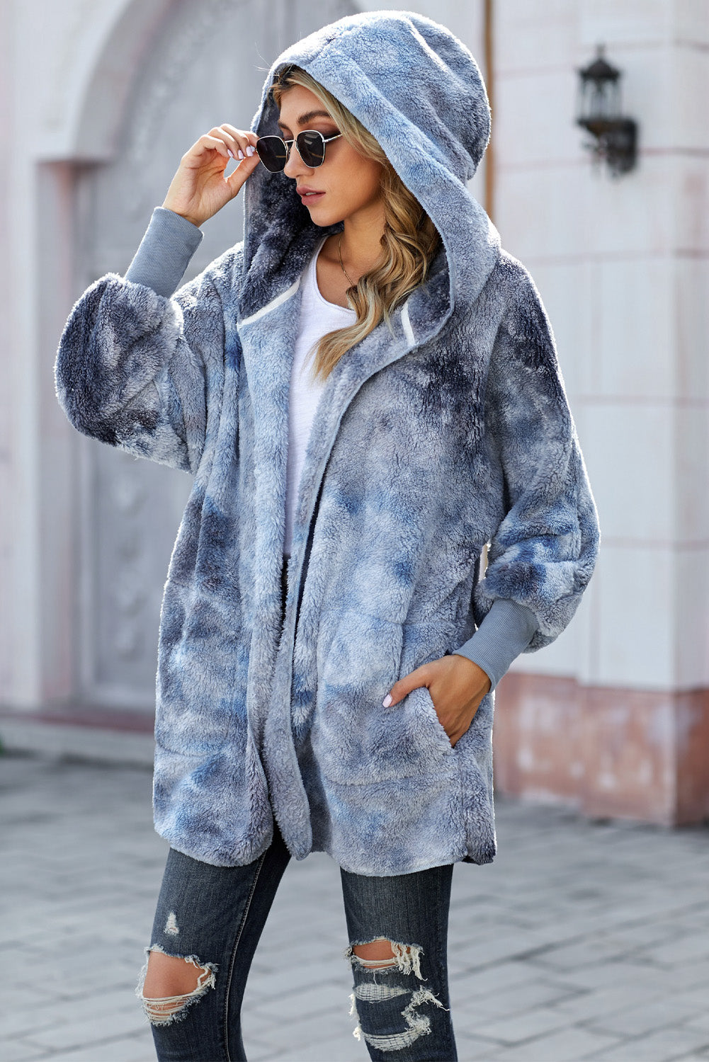 Fleece Hooded Open Front Jacket with Pockets