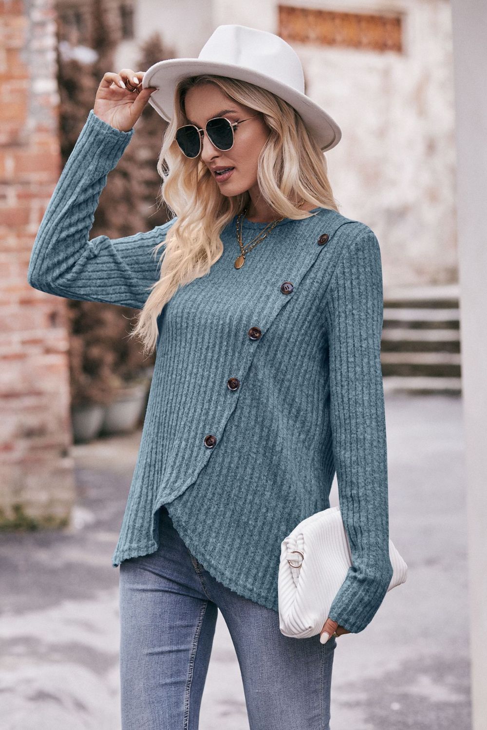 Ribbed Round Neck Buttoned Long Sleeve Tee