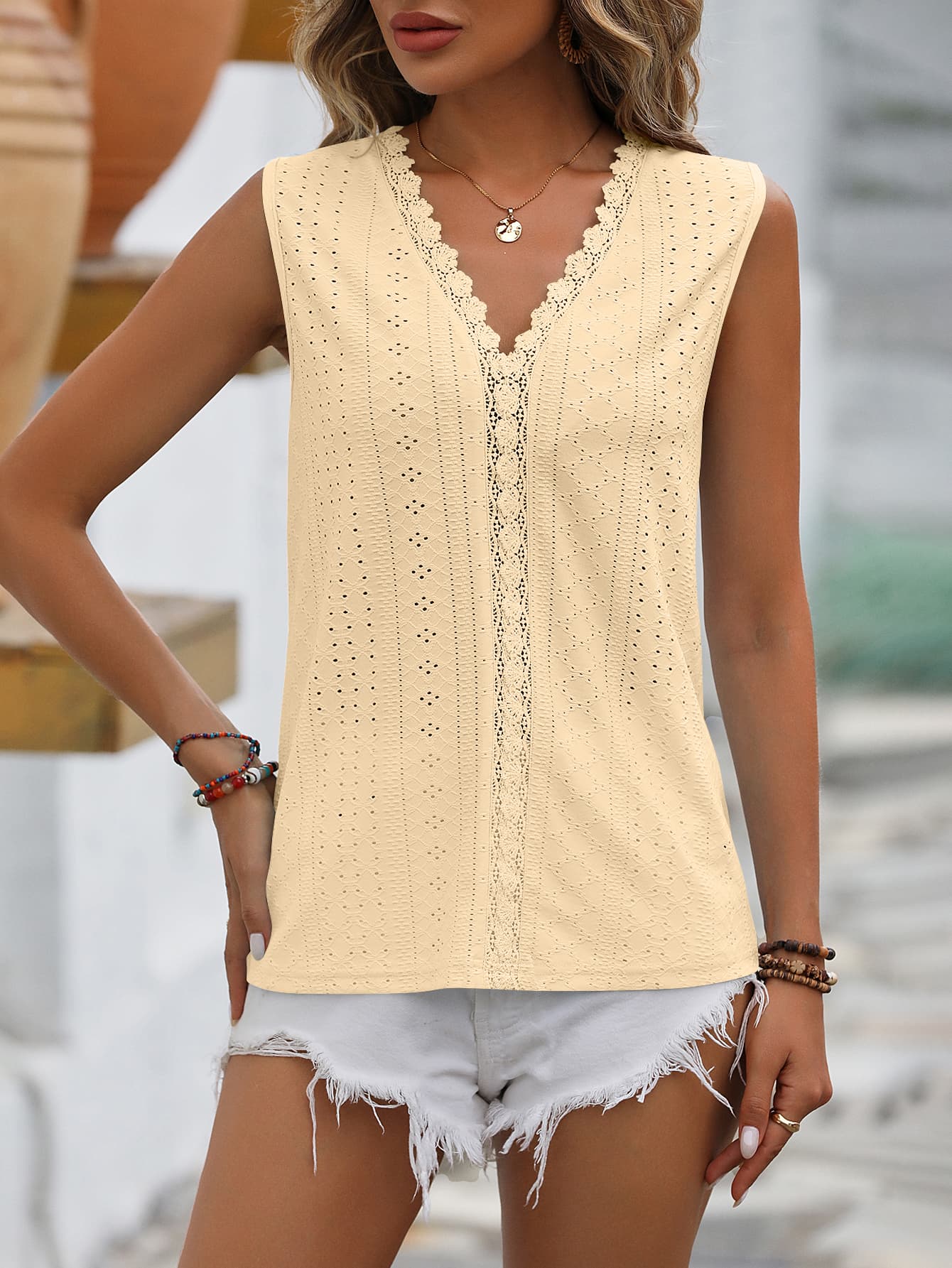 Spliced Lace V-Neck Sleeveless Tank