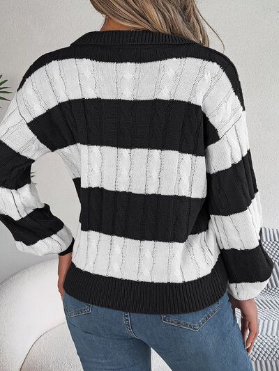 Cable-Knit Striped Long Sleeve Sweater