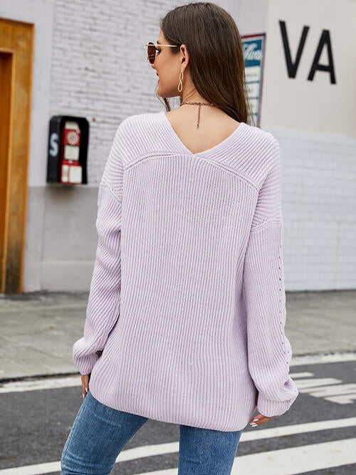 Openwork Dropped Shoulder Long Sleeve Sweater