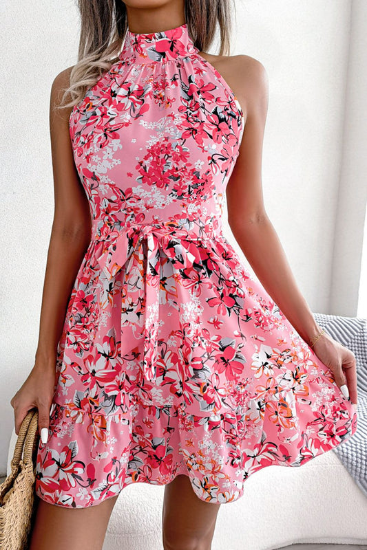 Floral Tie Waist Ruffle Hem A-Line Dress