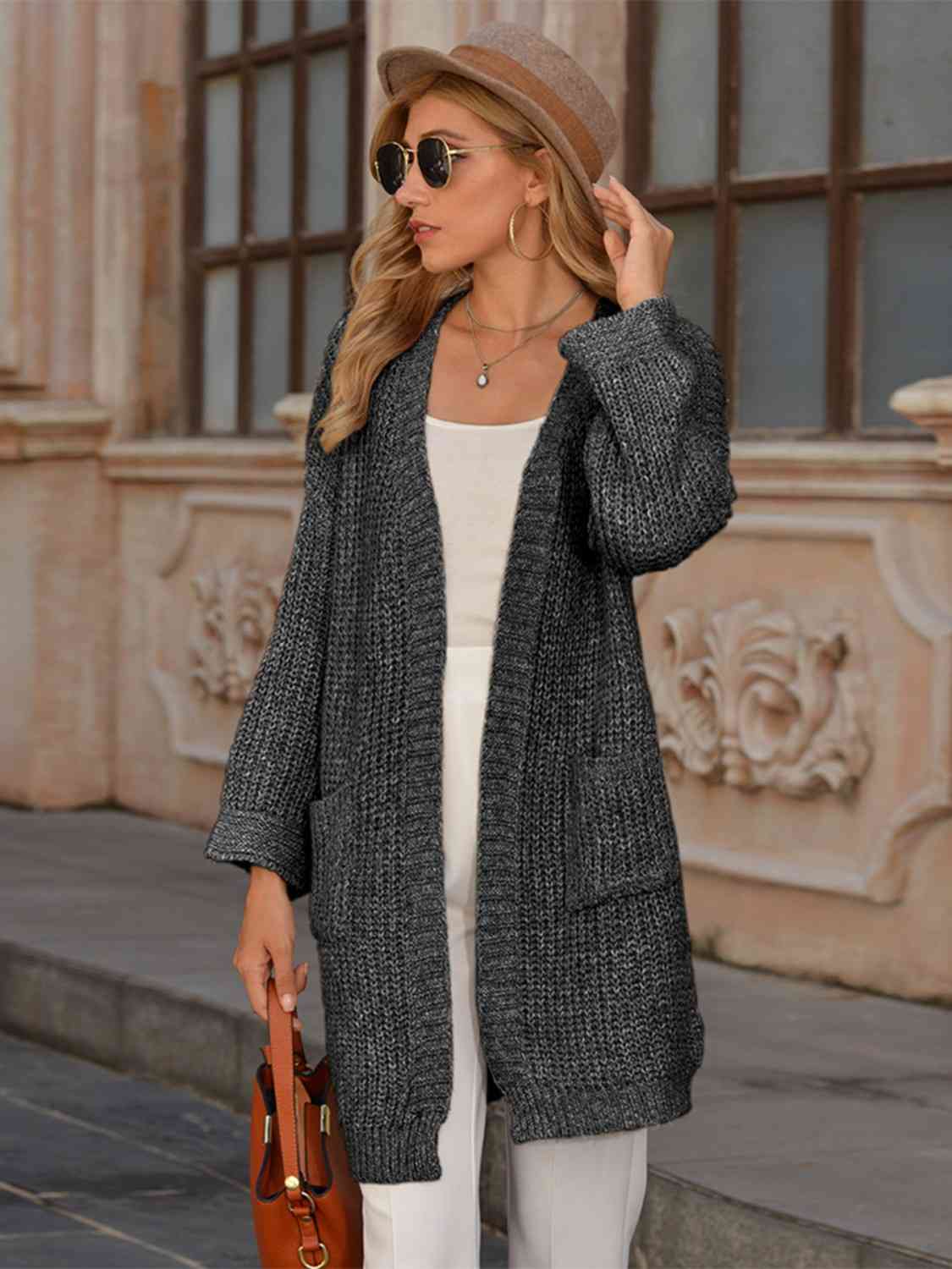 Open Front Long Sleeve Cardigan with Pockets