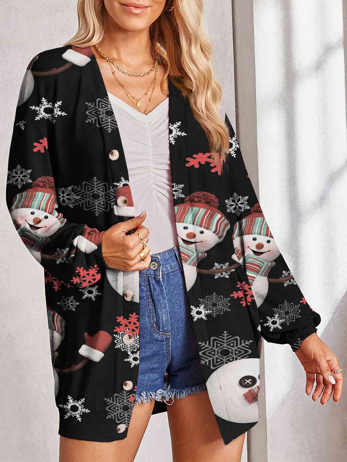 Printed Button Up Long Sleeve Cardigan