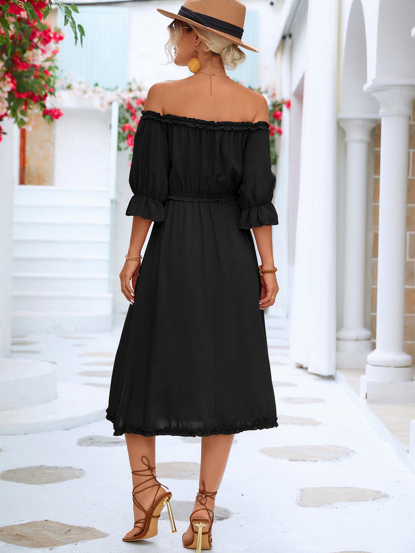 Frilled Off-Shoulder Flounce Sleeve Dress