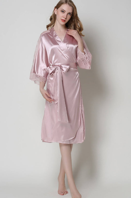 Satin Spliced Lace Belted Robe