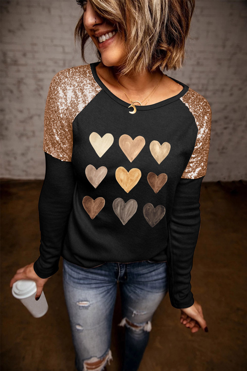 Contrast Sequin Heart Graphic Raglan Sleeve Top