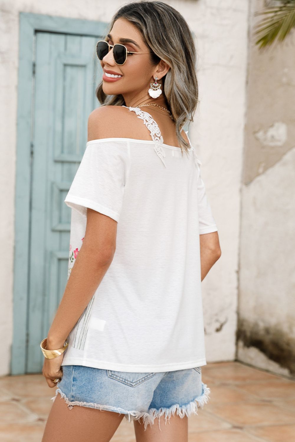 Floral Graphic Cold-Shoulder Top