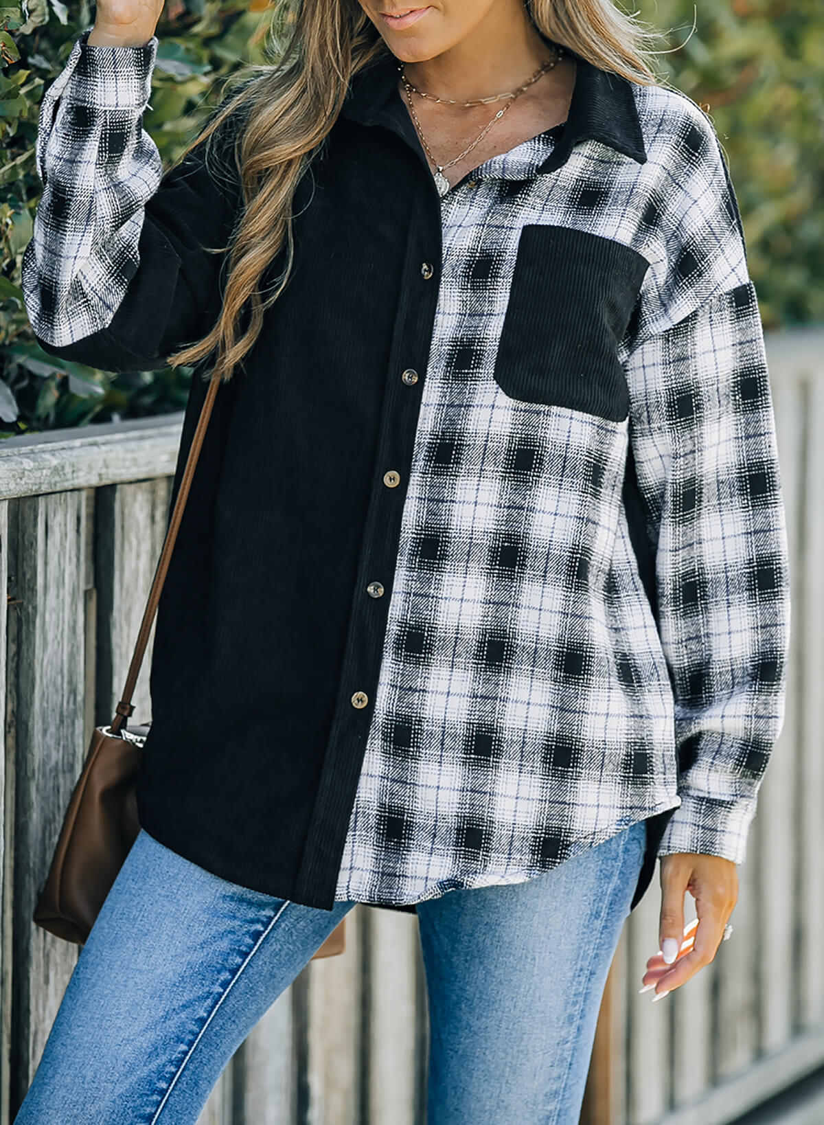 Plaid Color Block Dropped Shoulder Corduroy Shacket