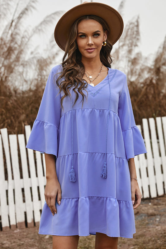 Tassel Tie Tiered Flounce Sleeve Tiered Dress