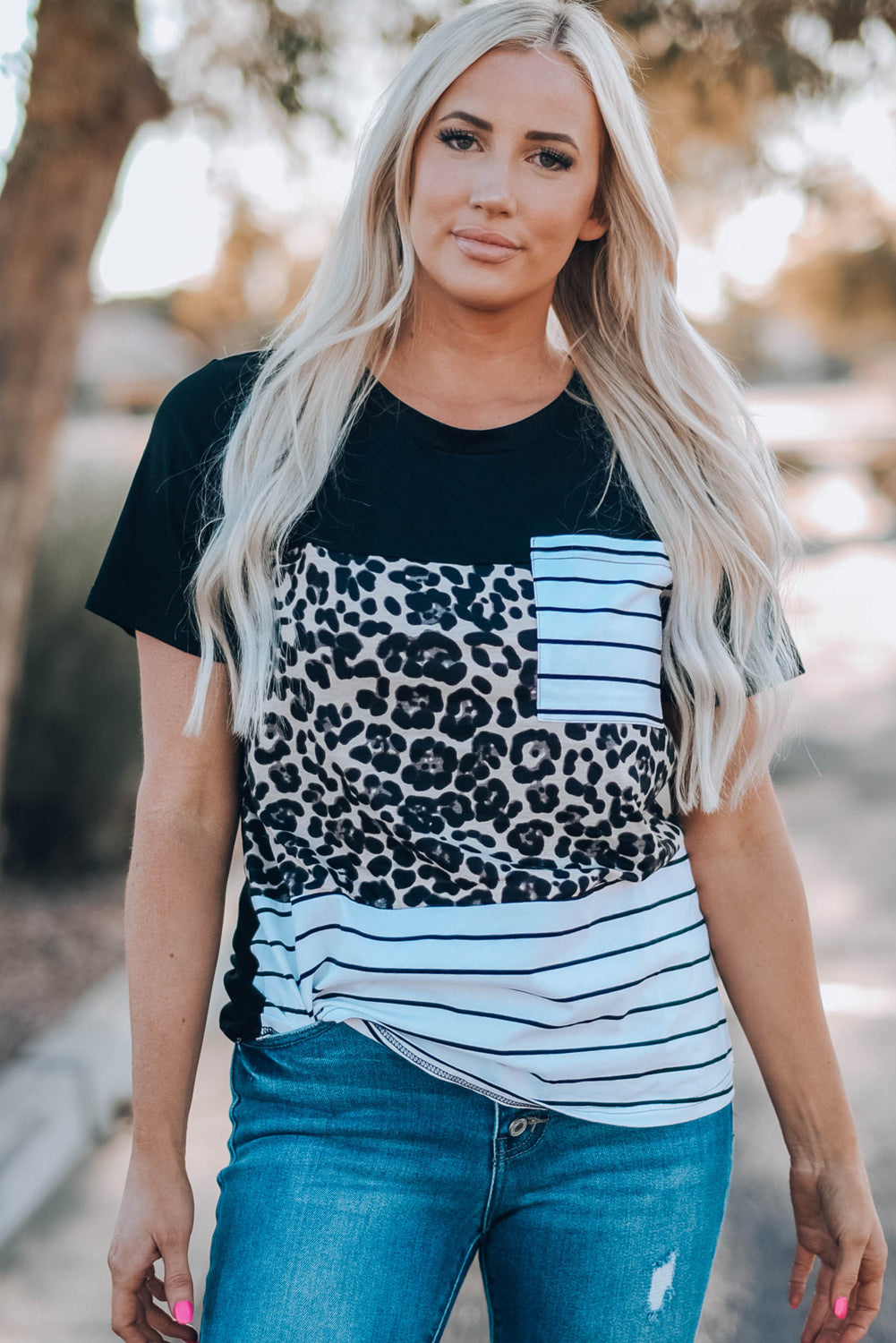 Mixed Print Color Block Round Neck Tee Shirt