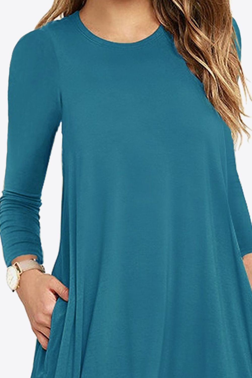 Full Size Long-Sleeve Round Neck Dress with Pockets