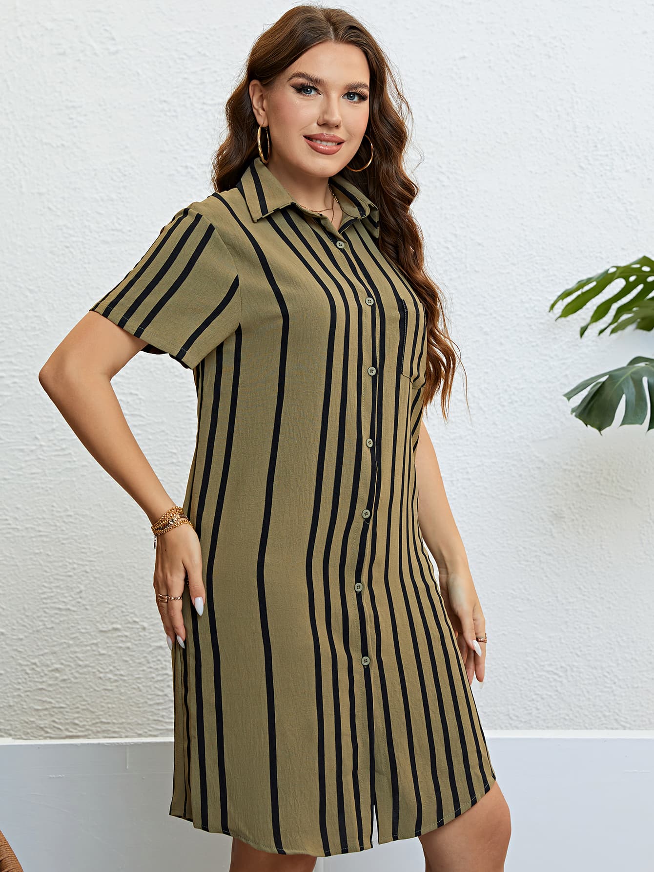 Plus Size Striped Short Sleeve Shirt Dress