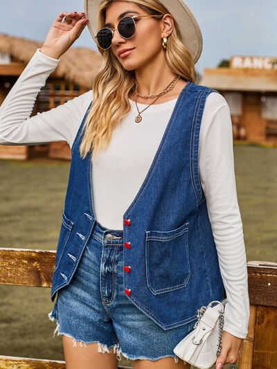 Pocketed Button Up Sleeveless Denim Jacket