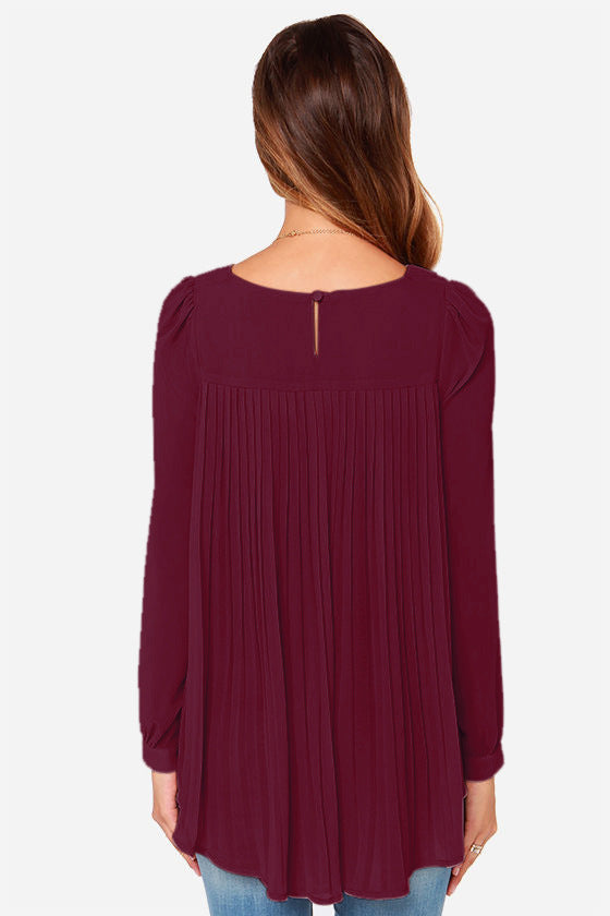 Full Size Round Neck Back Pleated Blouse