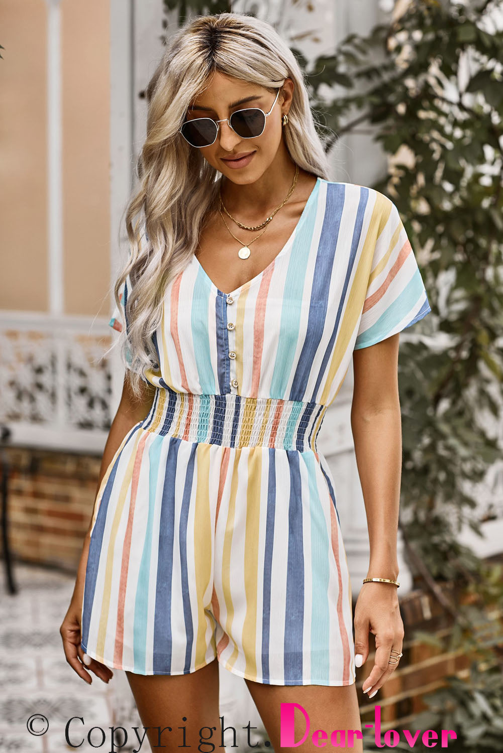 Multicolored Stripe V-Neck Smocked Waist Romper