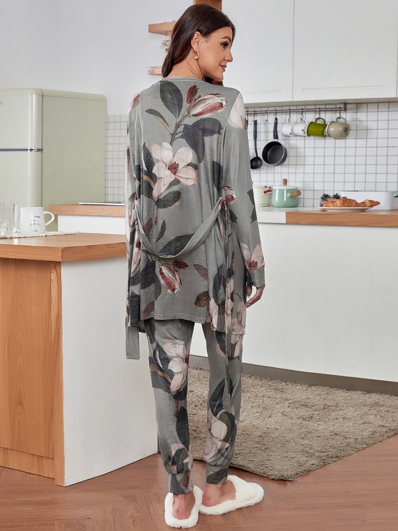 Floral Cami, Pants, and Robe Lounge Set