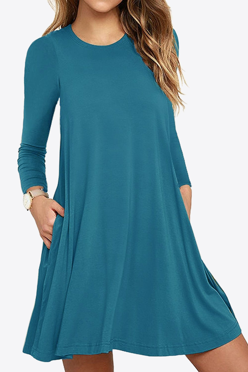 Full Size Long-Sleeve Round Neck Dress with Pockets