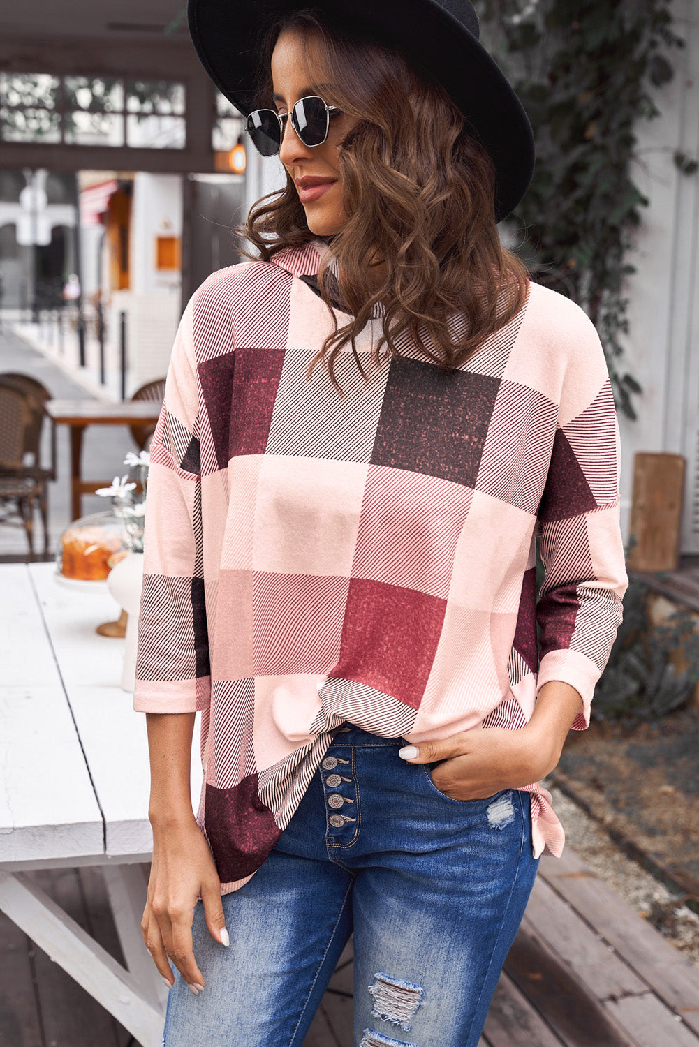 Plaid Side Slit Three-Quarter Sleeve Hoodie