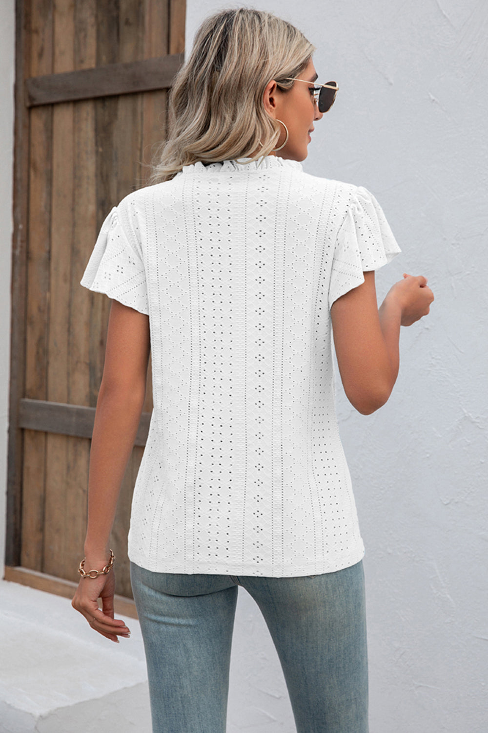 Eyelet Notched Neck Flutter Sleeve Top