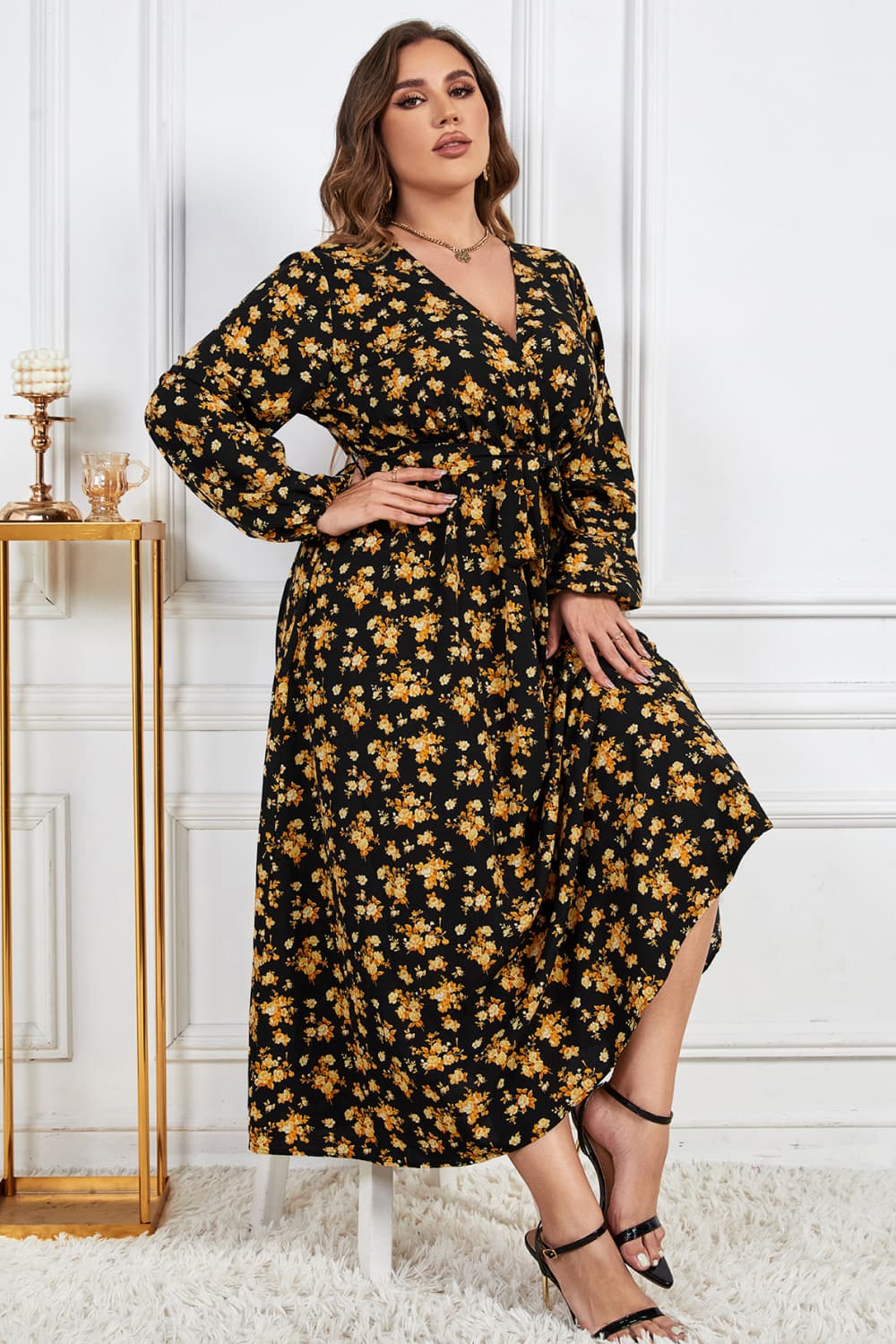 Plus Size Floral Surplice Neck Long Sleeve Dress