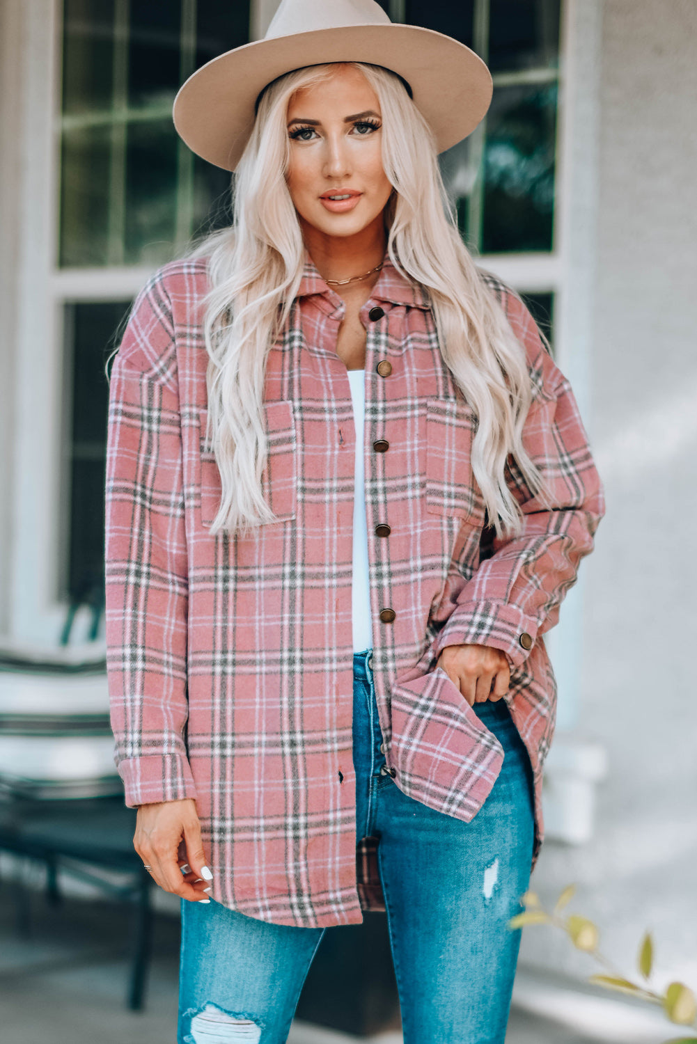 Plaid Curved Hem Dropped Shoulder Shirt Jacket