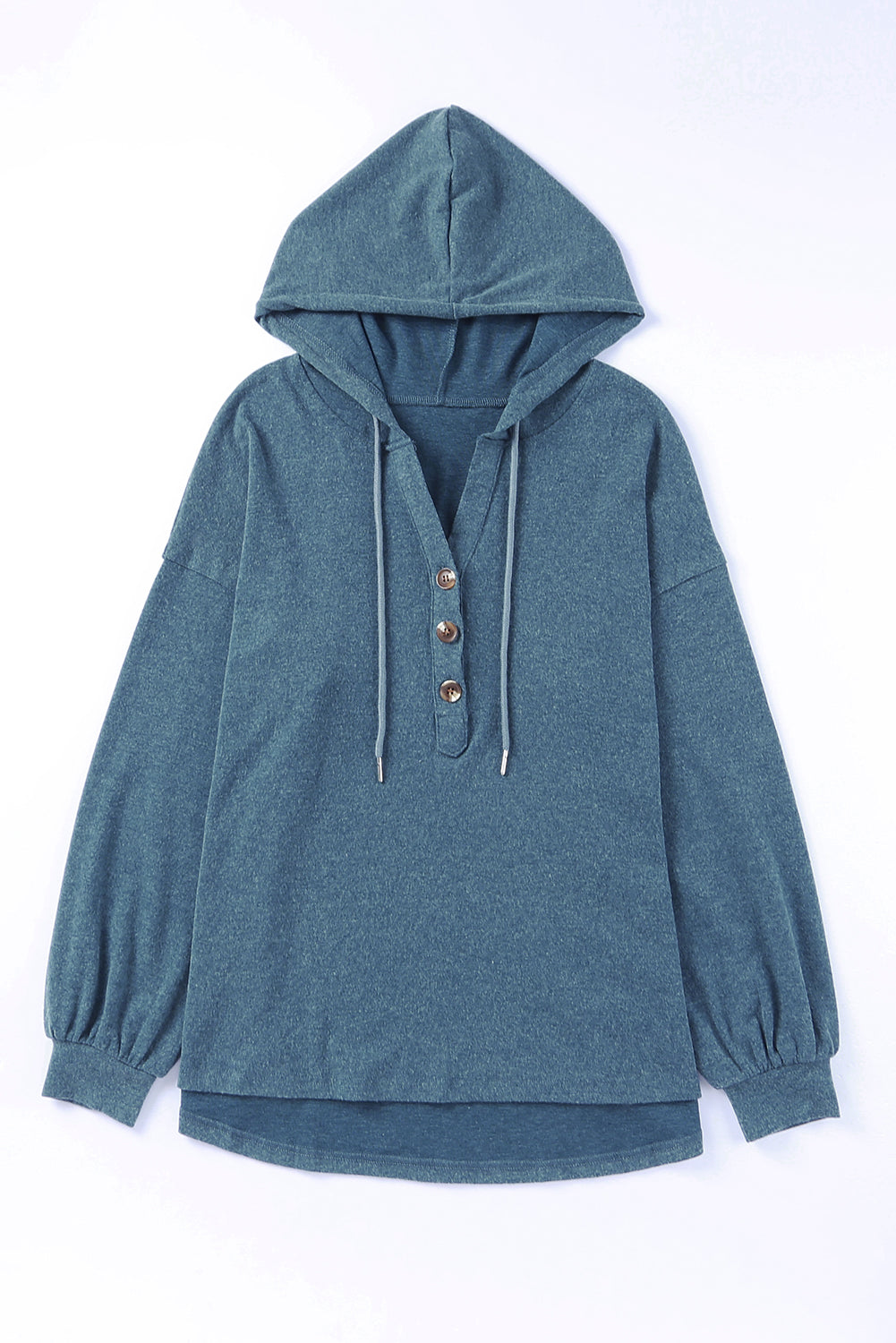 Buttoned Drop Shoulder High-Low Hoodie