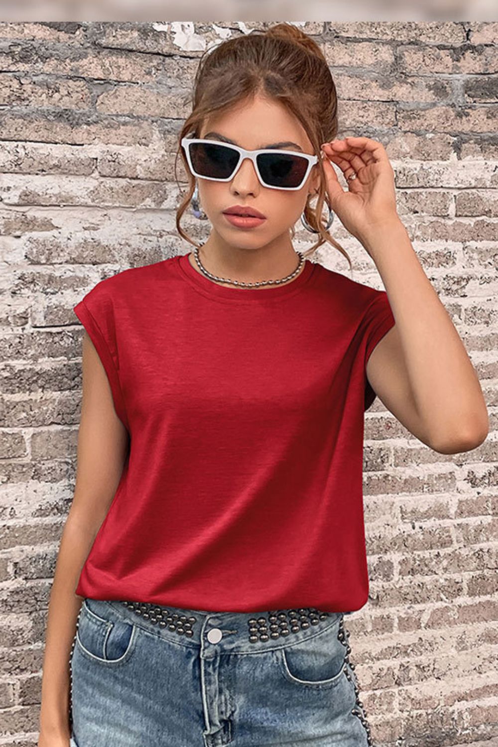 Round Neck Cap Sleeve Top
