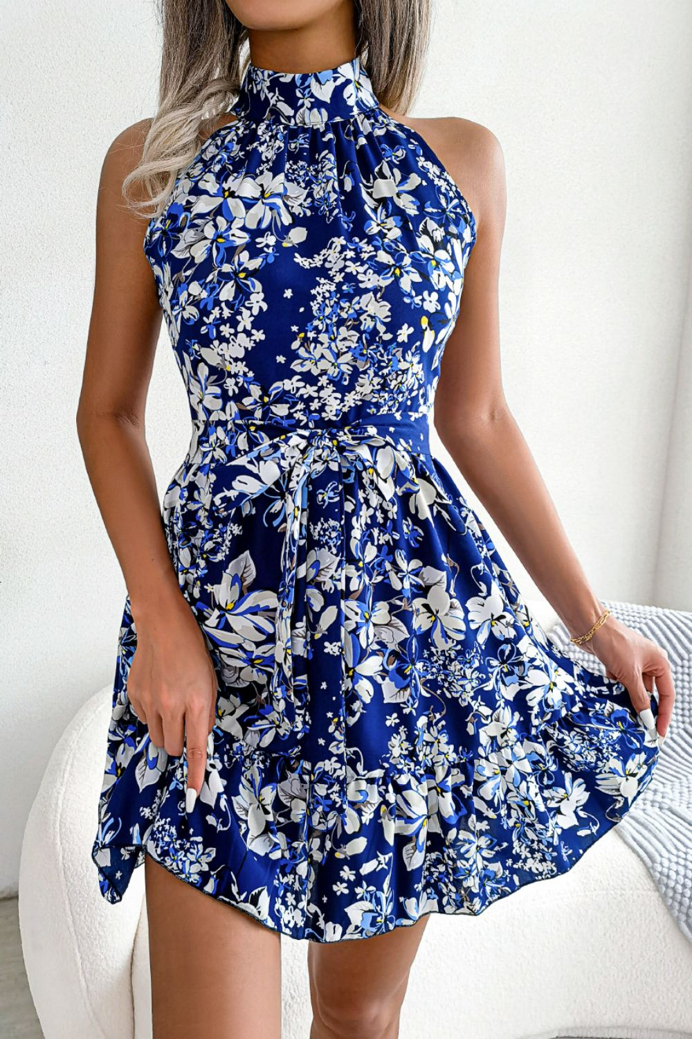 Floral Tie Waist Ruffle Hem A-Line Dress