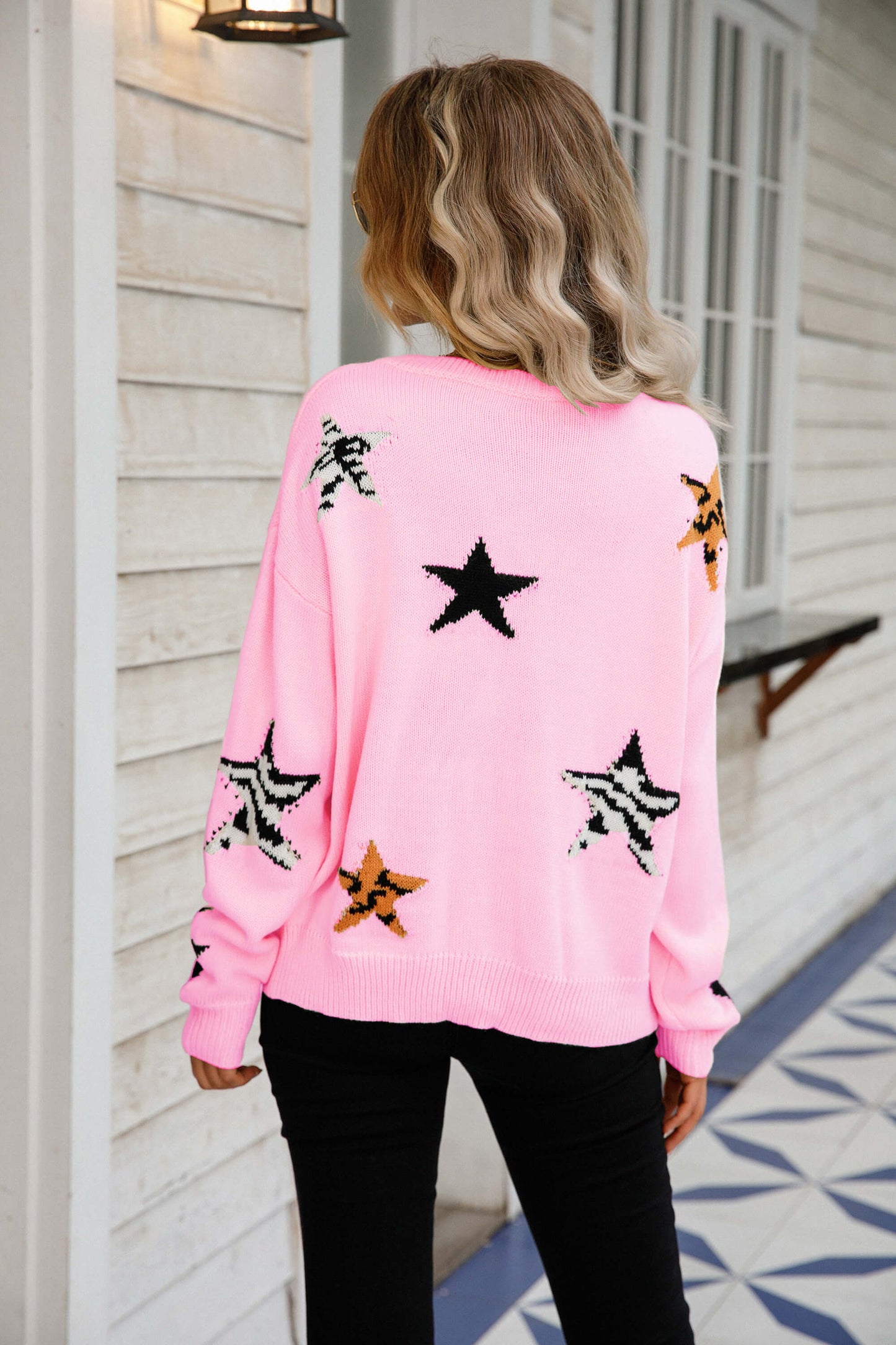 Star Pattern Round Neck Dropped Shoulder Sweater