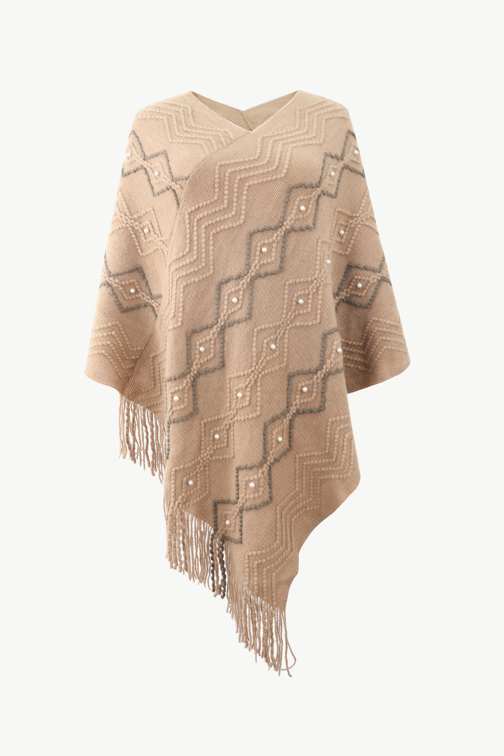 Pearl Trim V-Neck Fringe Hem Poncho