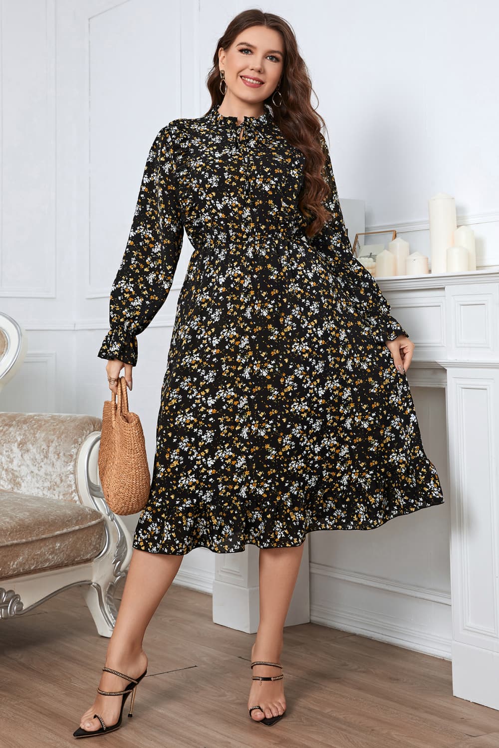 Plus Size Floral Flounce Sleeve Midi Dress