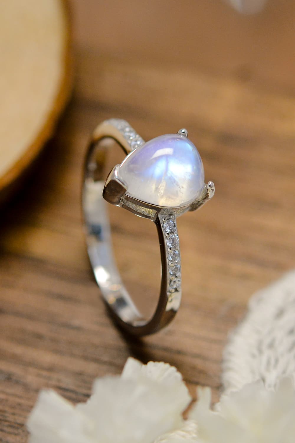 High Quality Natural Moonstone Teardrop Side Stone Ring