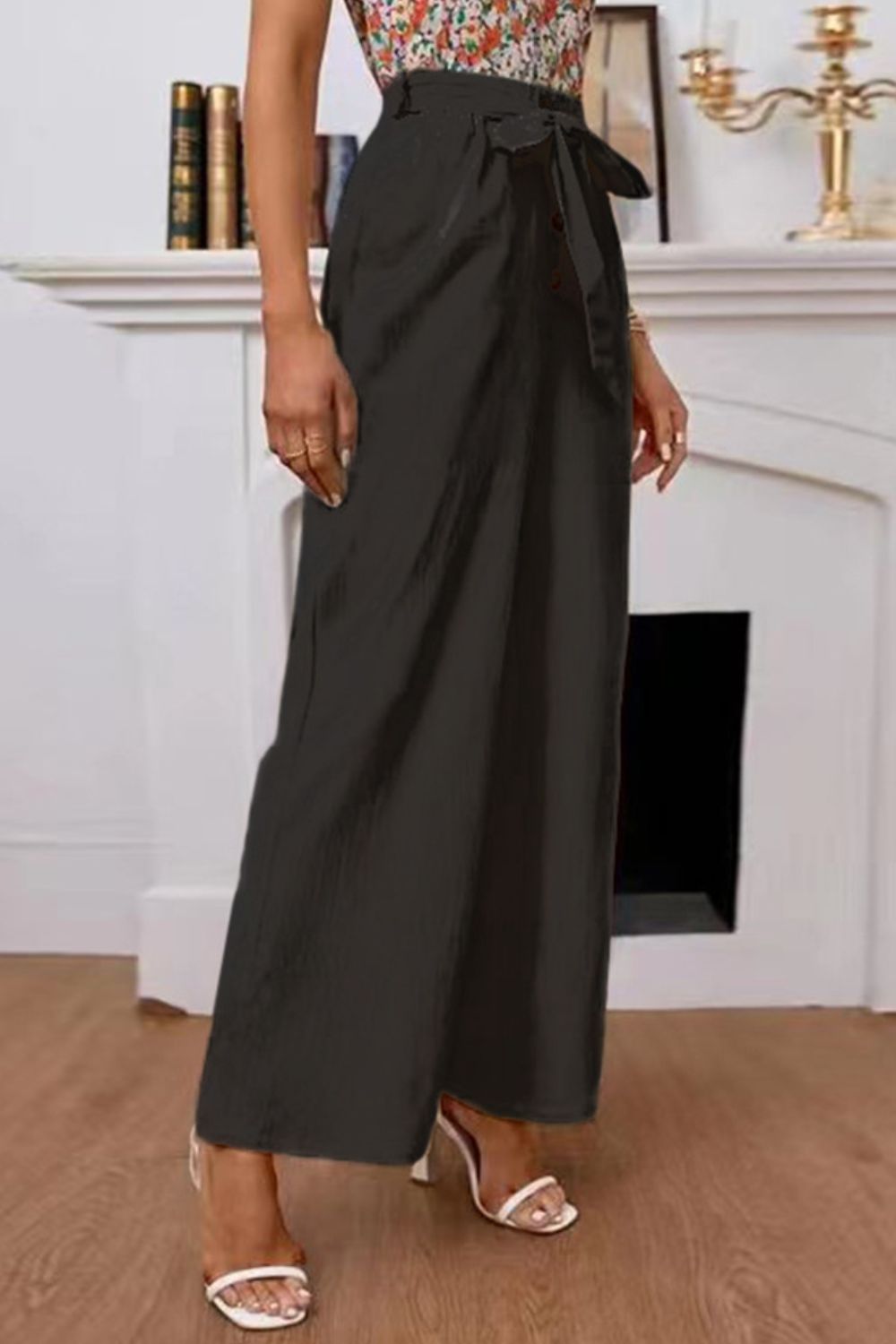 Buttoned Tie-Waist Wide Leg Pants