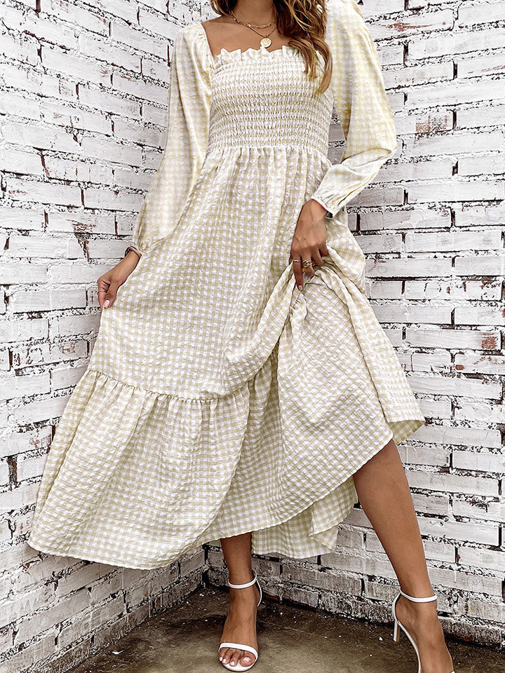 Smocked Square Neck Long Sleeve Dress