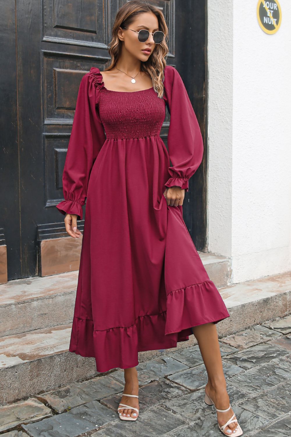 Smocked Ruffle Hem Flounce Sleeve Dress