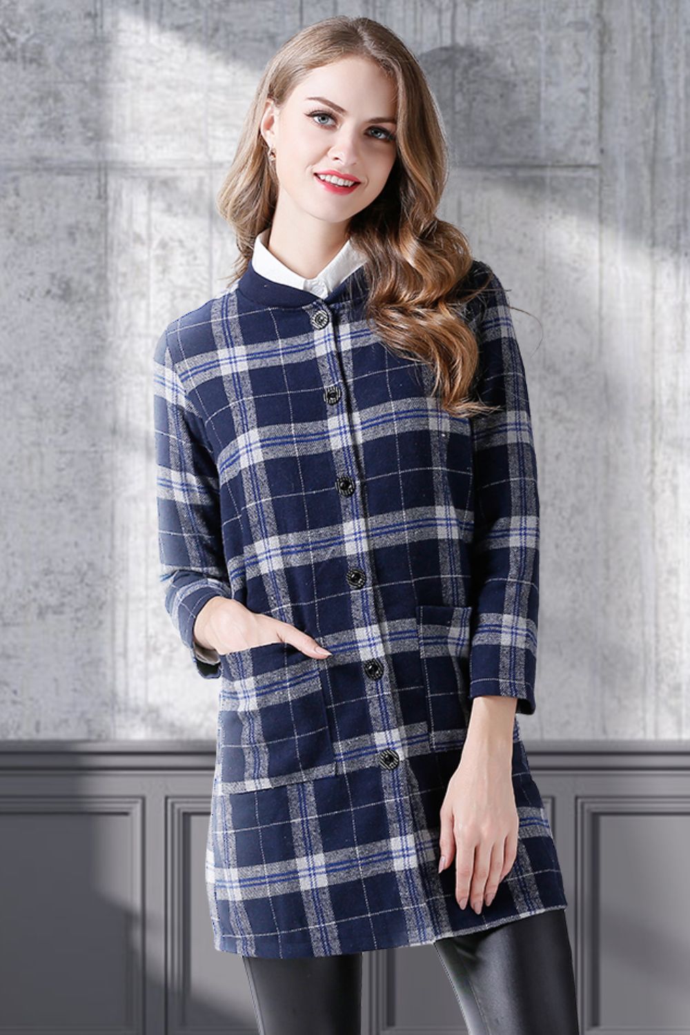 Full Size Plaid Button Down Longline Jacket with Pockets