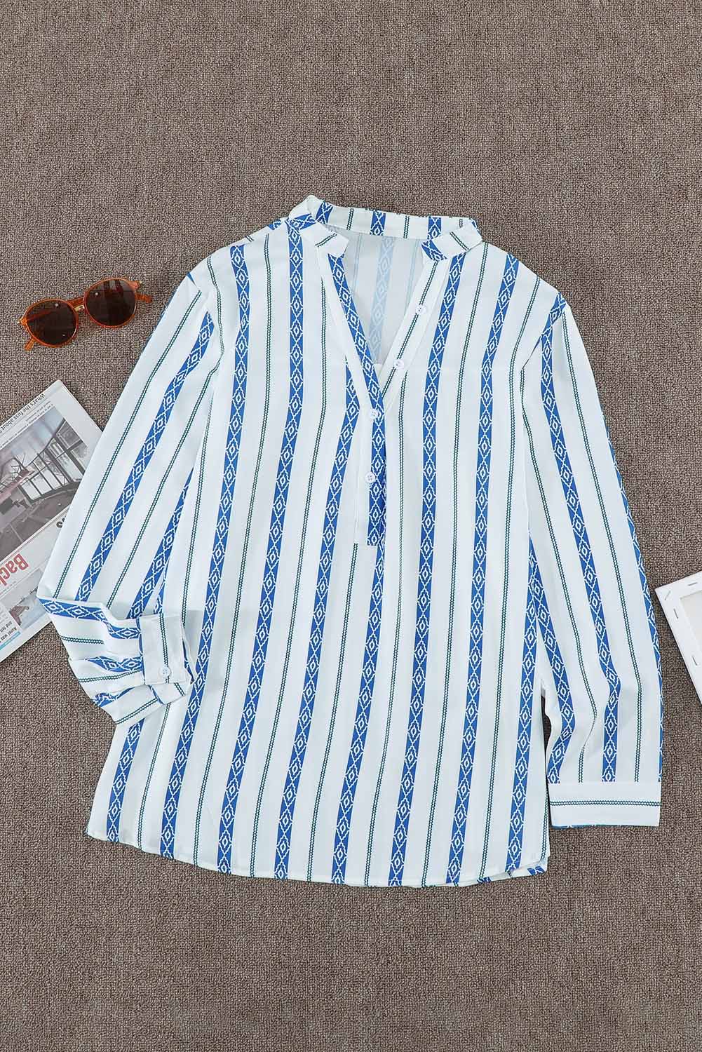 Striped Half-Button Crewneck Top