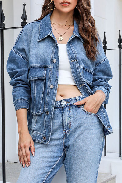 Button Up Dropped Shoulder Denim Jacket with Pockets