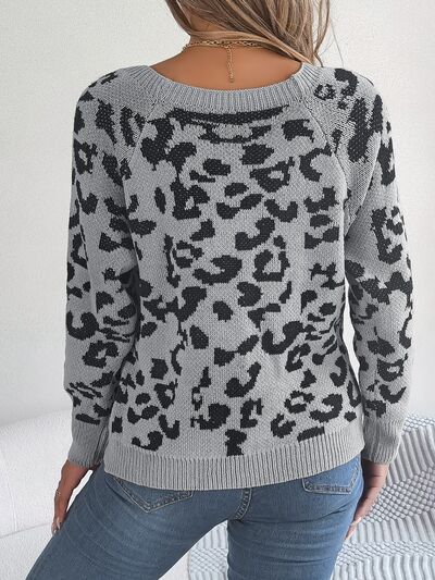 Leopard Buttoned Square Neck Sweater