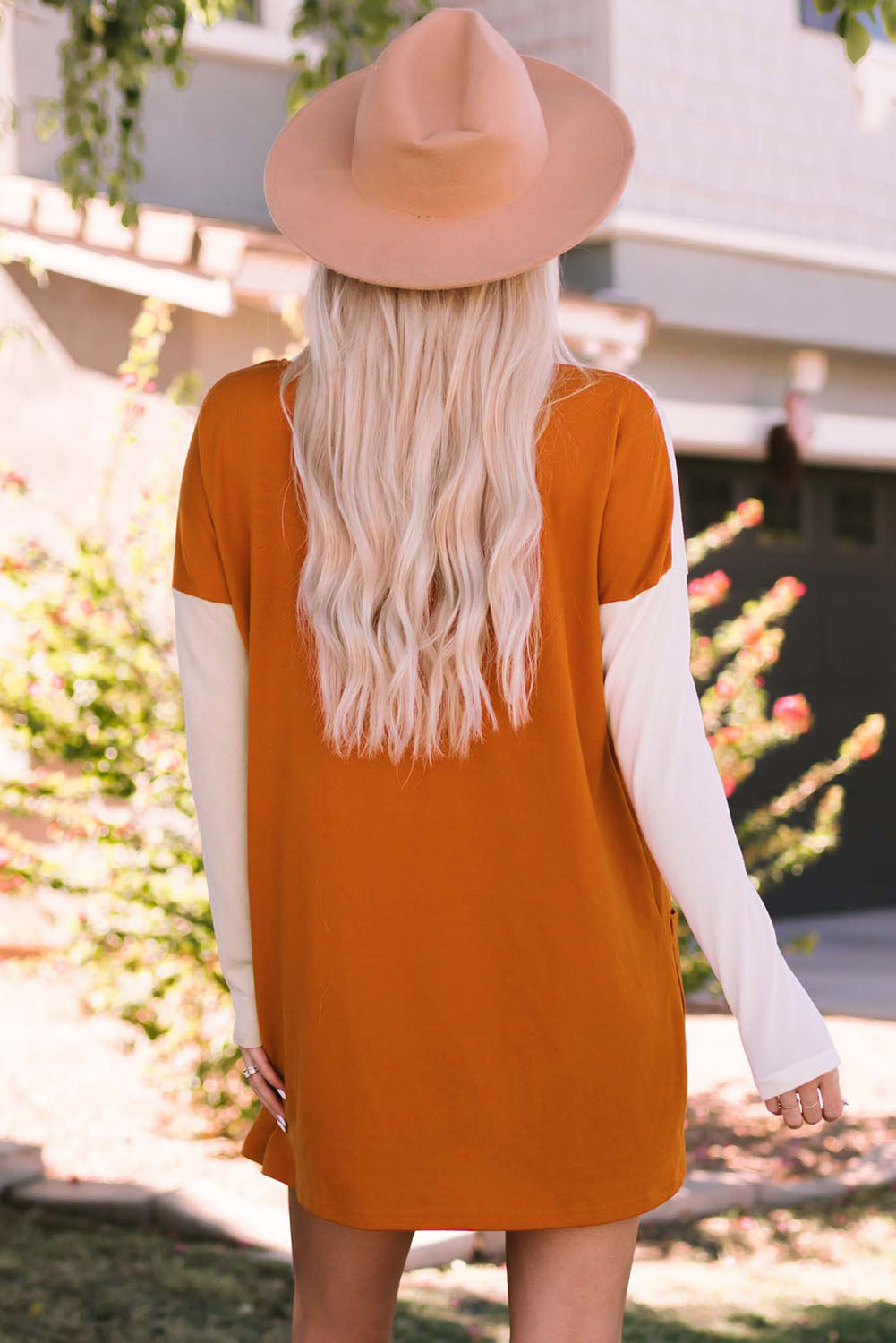 Color Block Round Neck Longline Top with Pockets