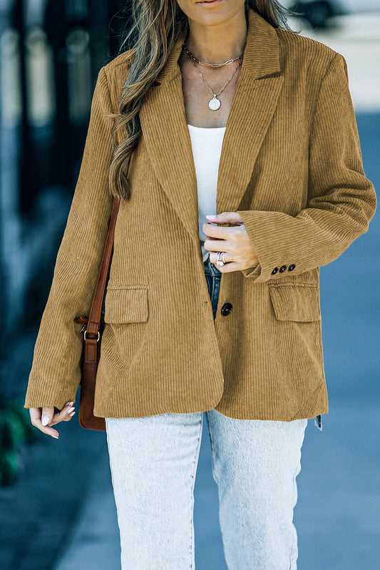 Back Slit Lapel Collar Corduroy Jacket