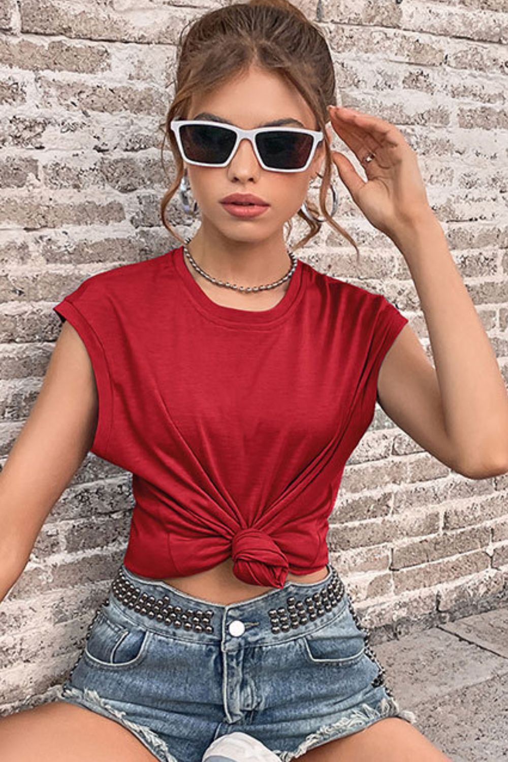 Round Neck Cap Sleeve Top