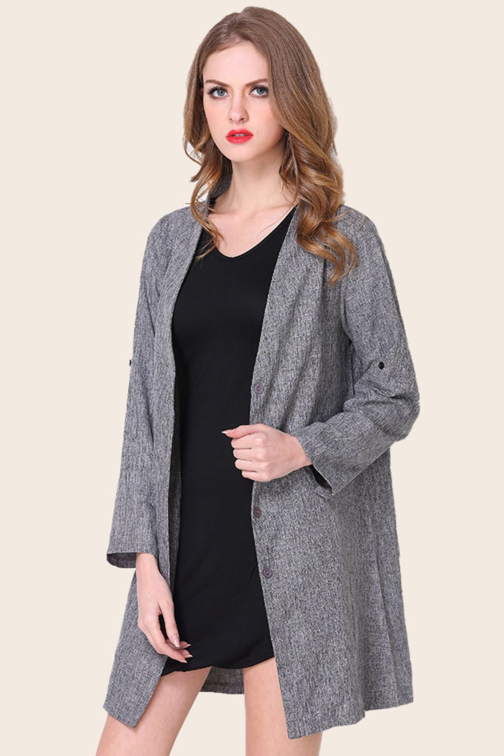 Plus Size Heathered Button Front Trench Coat