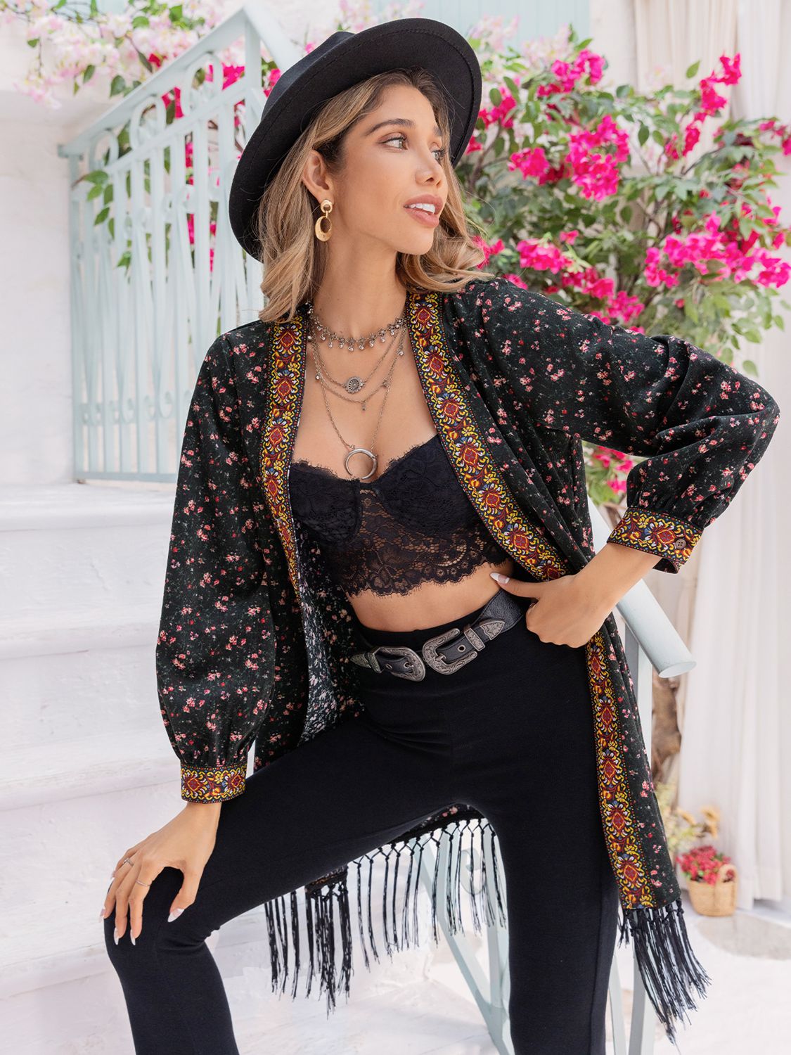 Printed Fringe Detail Cardigan