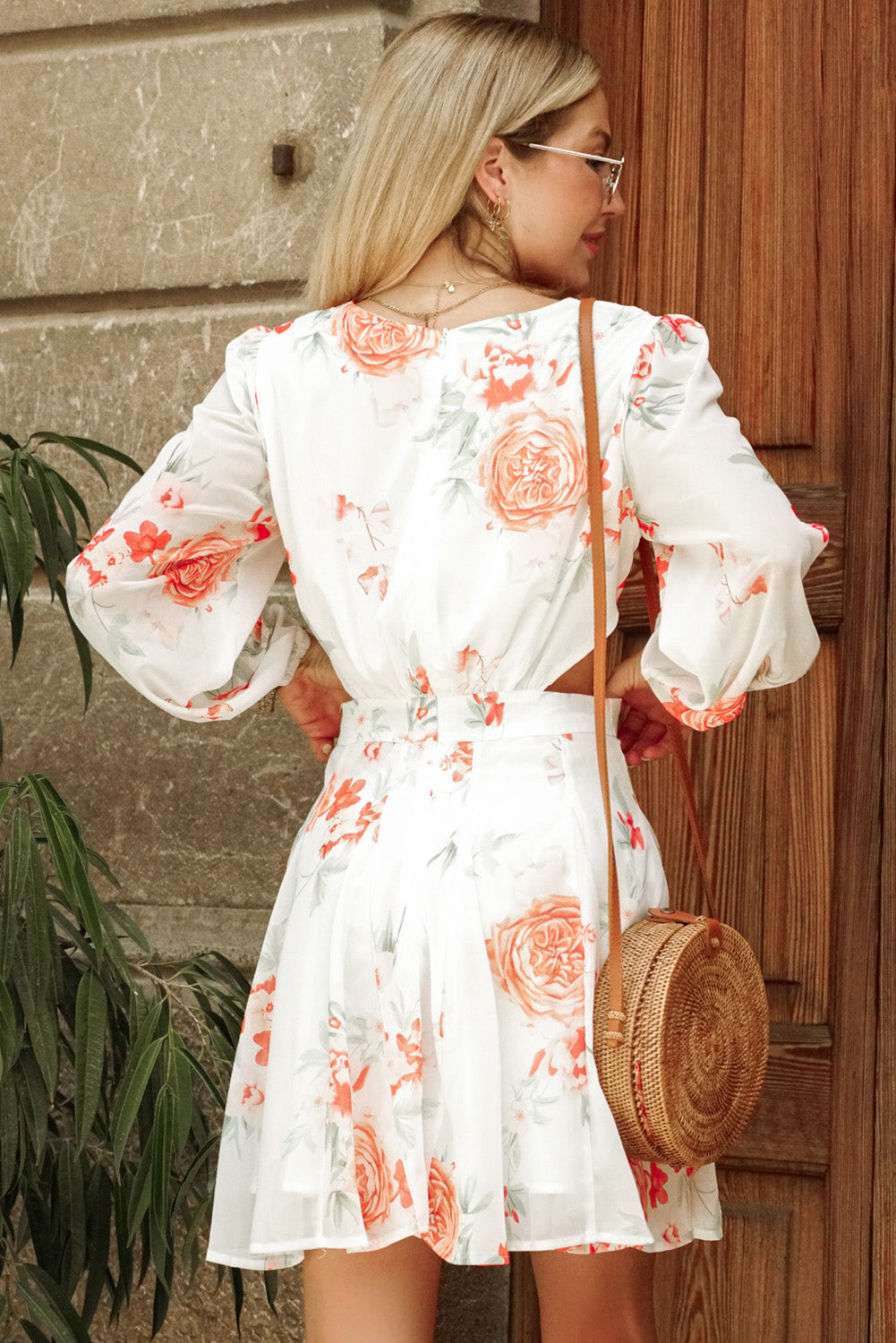 Floral Cutout V-Neck Long Sleeve Dress